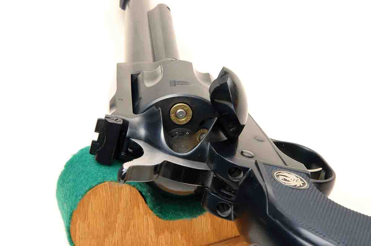 One problem Mike encountered was the heavy hammer fall of the Ruger Blackhawk pushing cartridges forward in their chambers without primers igniting.